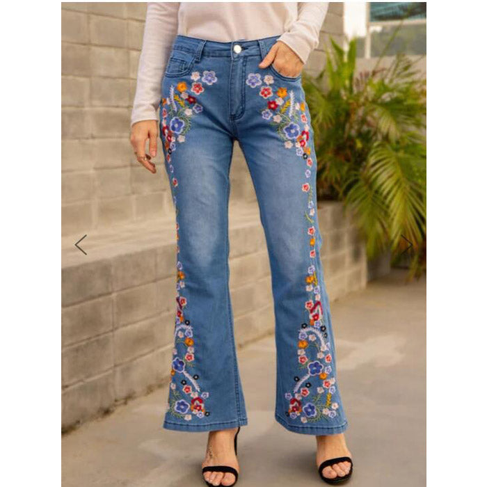 Women Jeans Embroidered Slim Fit Slimming Washed Bell-Bottom Pants Jeans for Women