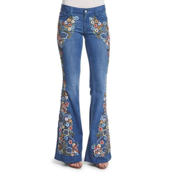 Women Jeans Embroidered Slim Fit Slimming Washed Bell-Bottom Pants Jeans for Women