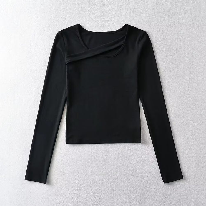 Spring Fashionable Sexy Low U Neck Beveled Strap Long Sleeve Bottoming Shirt Solid Color T