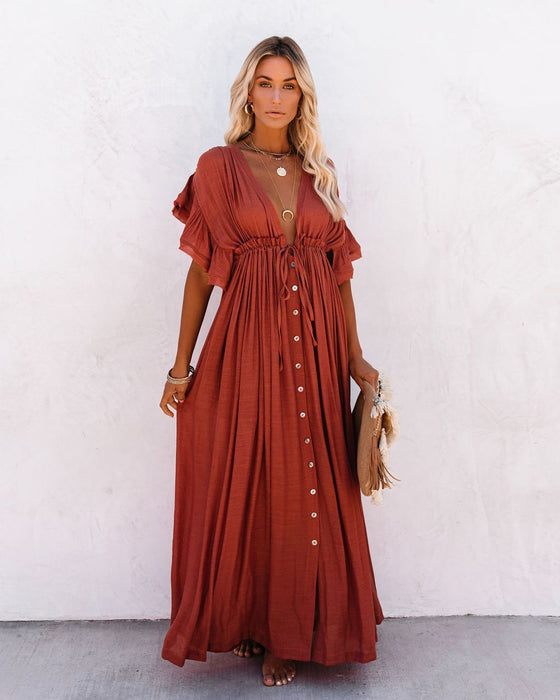 Spot Beach Cover-up Slubbed Fabric Button Draw Waist Strap Maxi Dress Sun Protection Shirt