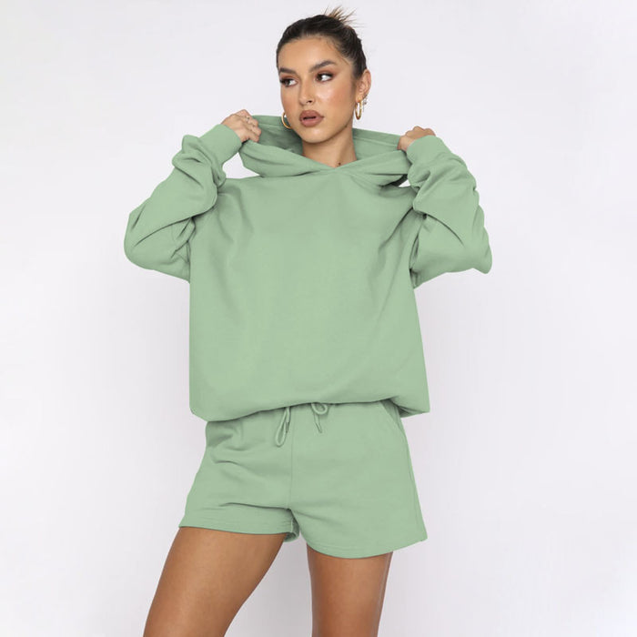 Autumn Winter Solid Color Pullover Hooded Long Sleeves Sweaters Women Clothing Casual Shorts Suit