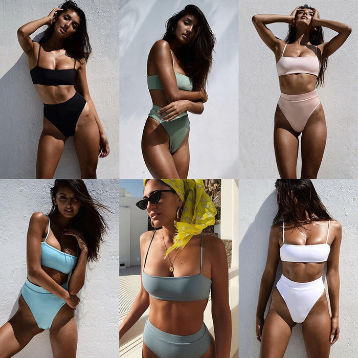 Popular Sexy Strap High Waist Solid Color Split Bikini Swimsuit for Women