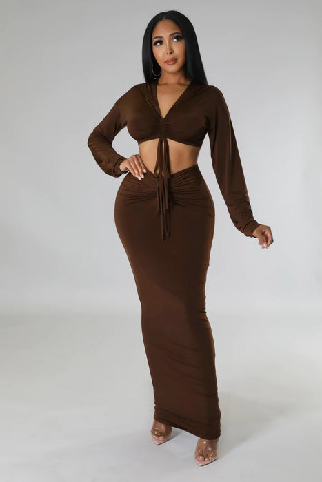 Hooded Cropped Top Sexy High Waist One Step Skirt Two Piece Set