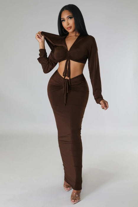 Hooded Cropped Top Sexy High Waist One Step Skirt Two Piece Set