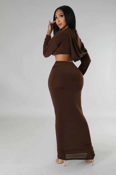 Hooded Cropped Top Sexy High Waist One Step Skirt Two Piece Set