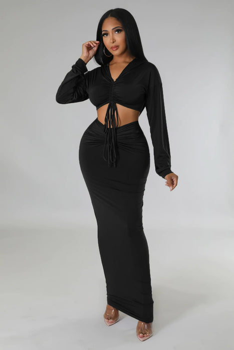 Hooded Cropped Top Sexy High Waist One Step Skirt Two Piece Set