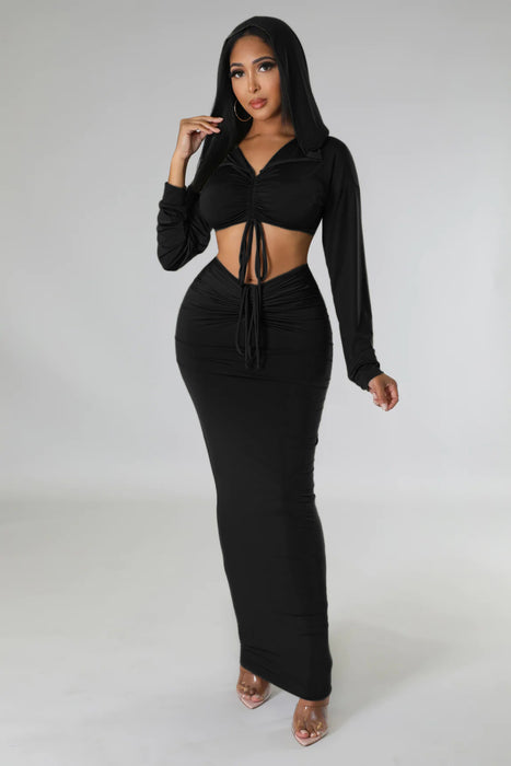 Hooded Cropped Top Sexy High Waist One Step Skirt Two Piece Set