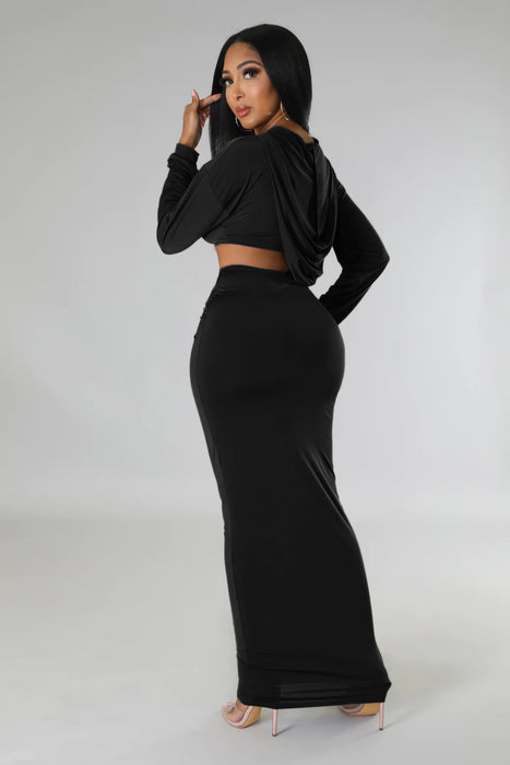 Hooded Cropped Top Sexy High Waist One Step Skirt Two Piece Set