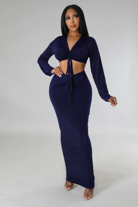 Hooded Cropped Top Sexy High Waist One Step Skirt Two Piece Set