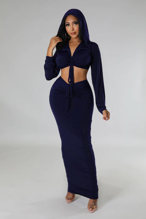 Hooded Cropped Top Sexy High Waist One Step Skirt Two Piece Set