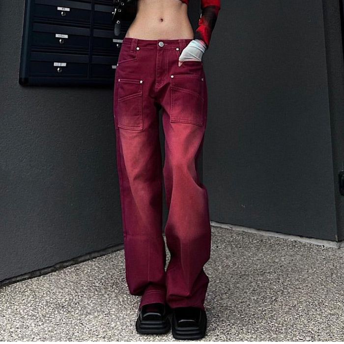 Retro Red Washed Straight Jeans Women Sexy High Waist Loose Wide Leg Pants