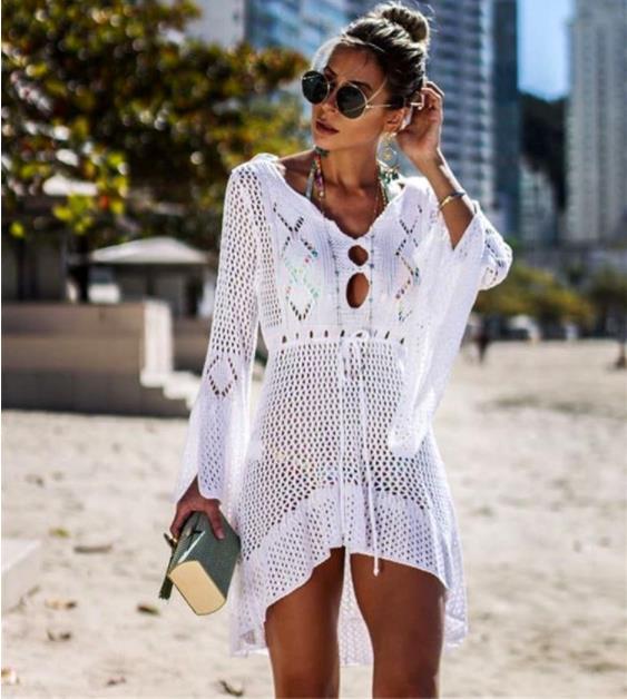 Hollow out Knitted Dress Bell Sleeve Beach Jacket Sexy Beach Cover Up Sun Protection Clothing Swimsuit Outwear