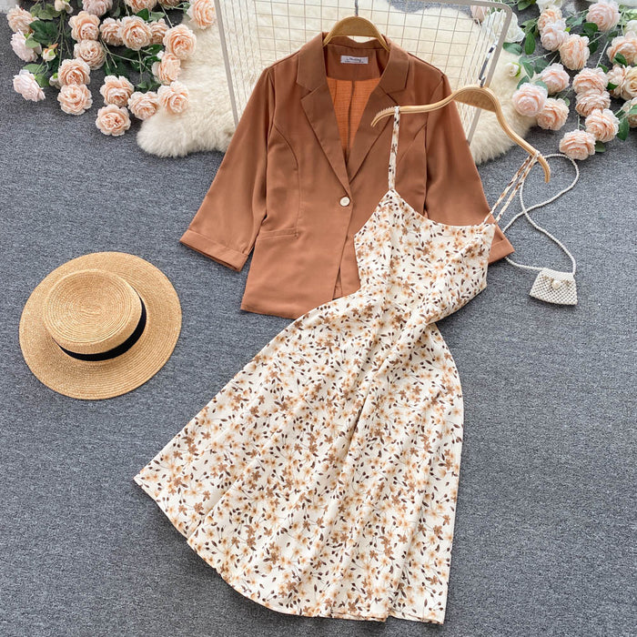 Autumn New A line High waist Floral Slimming Dress Two piece Set