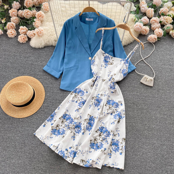 Autumn New A line High waist Floral Slimming Dress Two piece Set