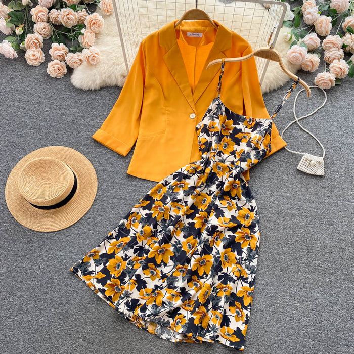 Autumn New A line High waist Floral Slimming Dress Two piece Set