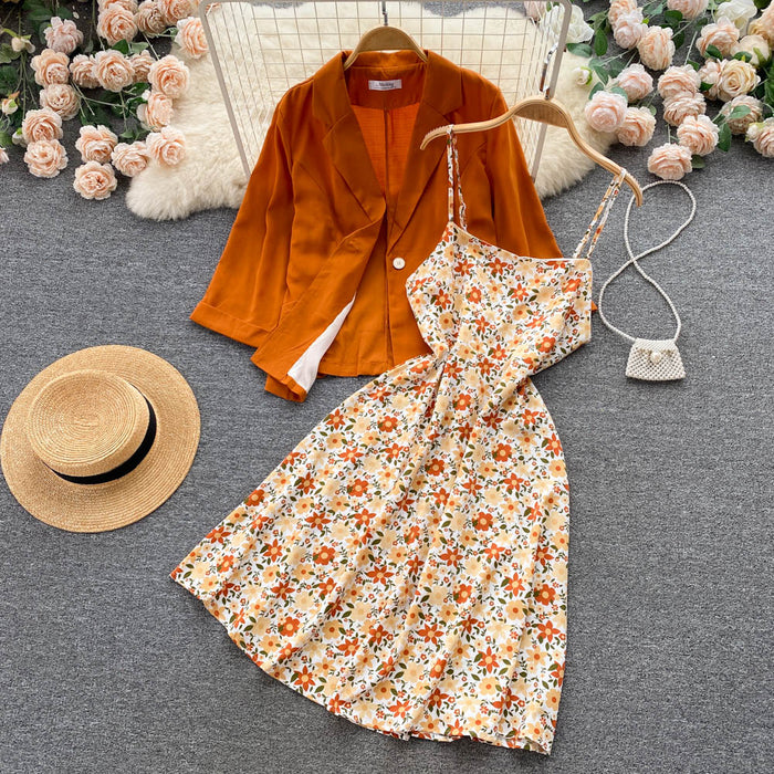 Autumn New A line High waist Floral Slimming Dress Two piece Set