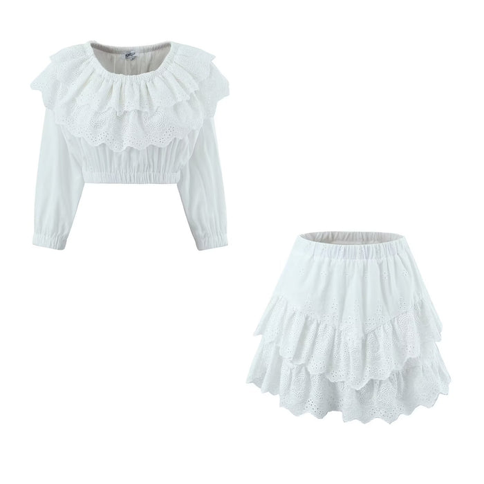 Spring Women Organza Jacquard Ultra Short High Waist Long Sleeves Small Set