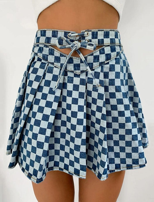 Women Clothing Pleated Skirt Denim Skirt Hollow Out Cutout High Waist Tie Neck Plaid Printed Short Skirt