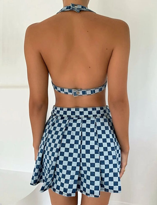 Women Clothing Pleated Skirt Denim Skirt Hollow Out Cutout High Waist Tie Neck Plaid Printed Short Skirt