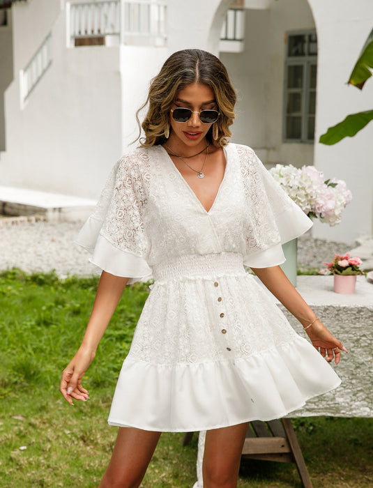 Women Spring Summer New Bohemian Vacation Lace Mosaic Bat Sleeve Dress