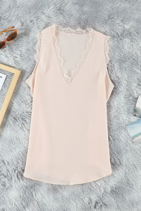 Pink Sleeveless Eyelash Lace V Neck Tank Top