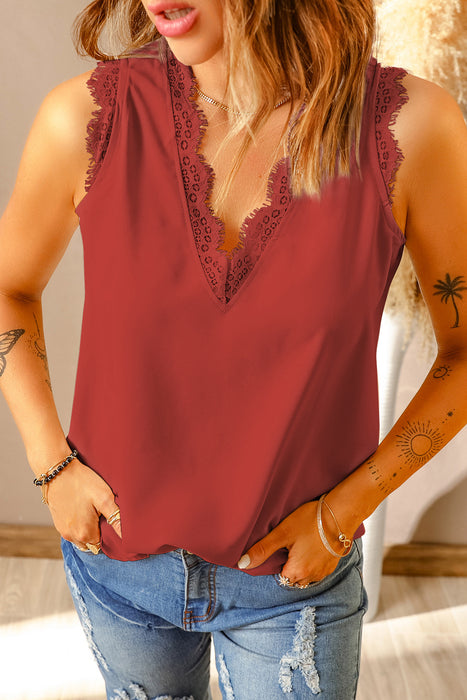 Pink Sleeveless Eyelash Lace V Neck Tank Top