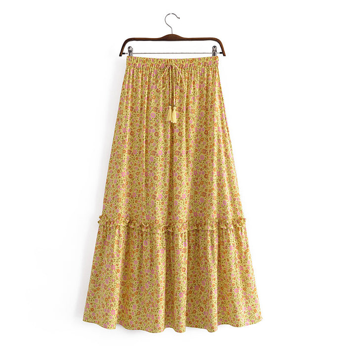 F00173600 Women Watermark Flower Tassel Elastic Waist Cake Skirt