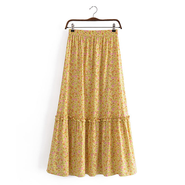 F00173600 Women Watermark Flower Tassel Elastic Waist Cake Skirt