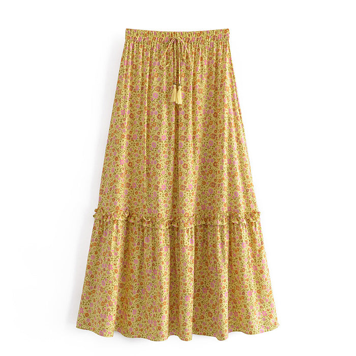 F00173600 Women Watermark Flower Tassel Elastic Waist Cake Skirt