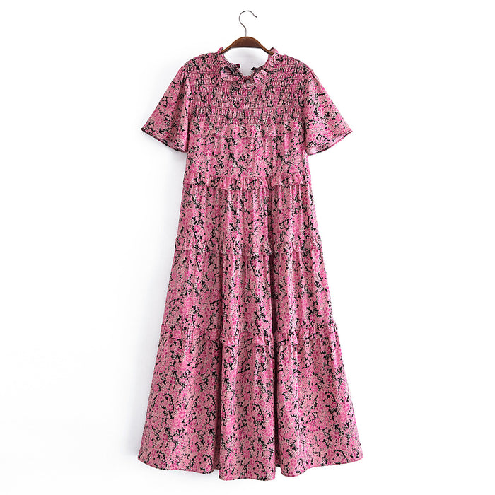 Pink Floral Print Ruffled Floral Print Sleeve Loose Dress Layered Cake Lace