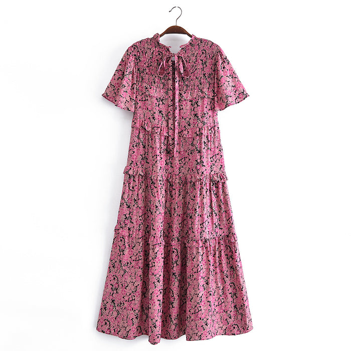 Pink Floral Print Ruffled Floral Print Sleeve Loose Dress Layered Cake Lace