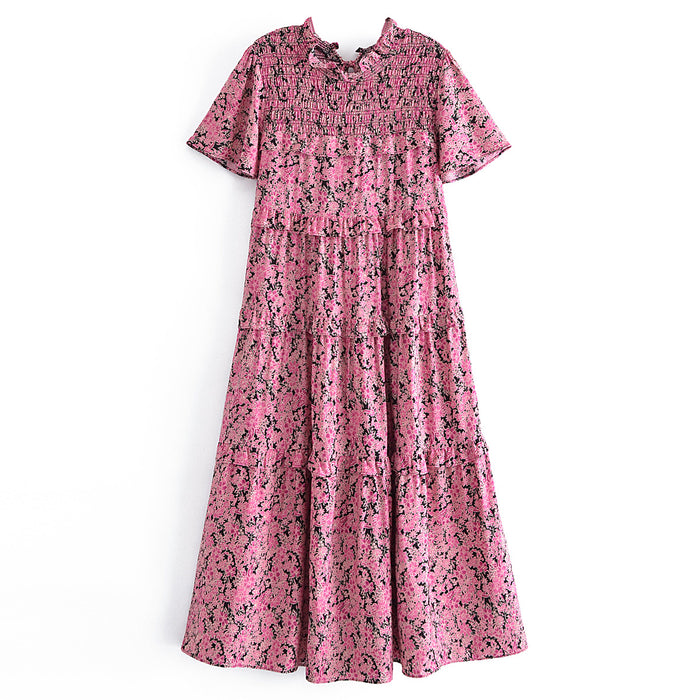 Pink Floral Print Ruffled Floral Print Sleeve Loose Dress Layered Cake Lace