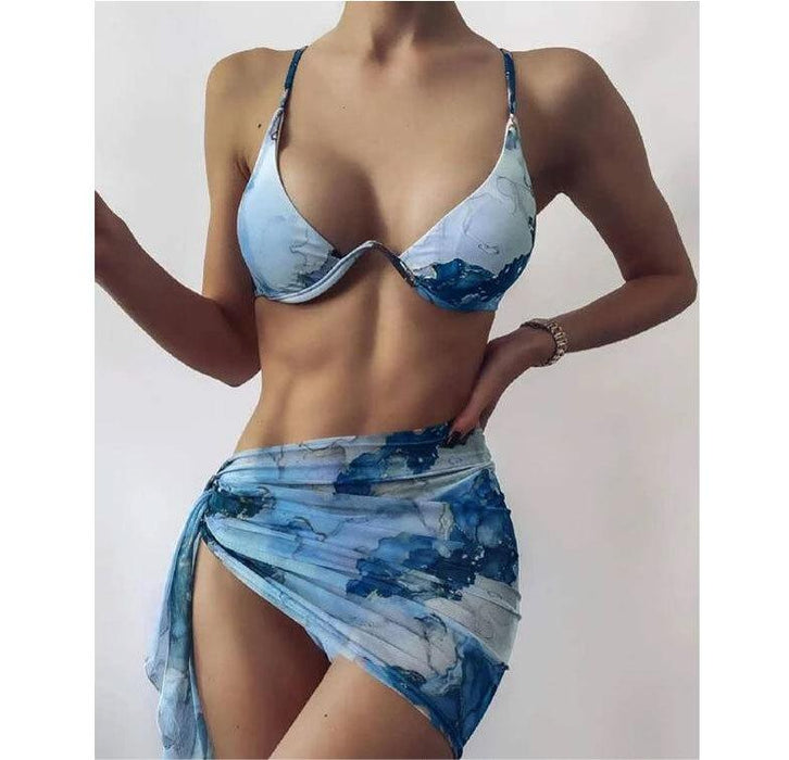 Swimsuit Marbling Printed Bikini Sexy Bikini Women Underwire Split Veils Swimsuit