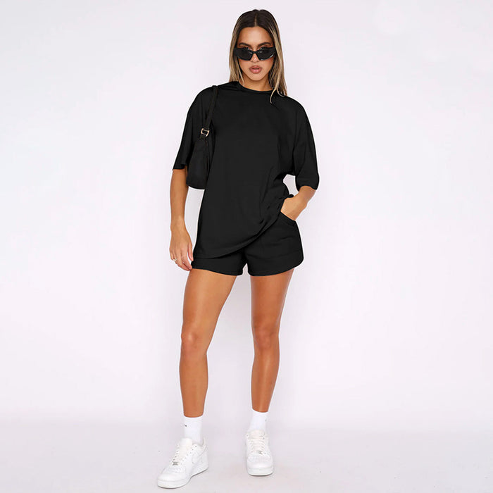 Solid Color round Neck Half Sleeve Pullover Top Women Clothing Casual Shorts Suit Summer