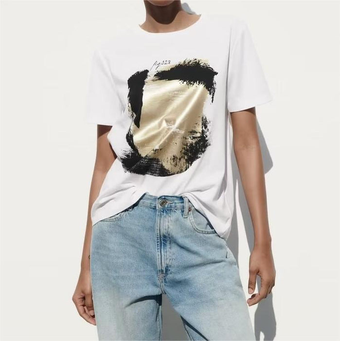 Spring Summer Gentle Girl Wind Contrast Color Round Neck Vortex Personality Printing Basic Cropped T Shirt Women