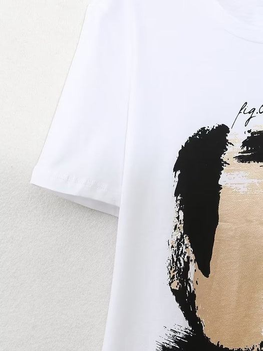 Spring Summer Gentle Girl Wind Contrast Color Round Neck Vortex Personality Printing Basic Cropped T Shirt Women