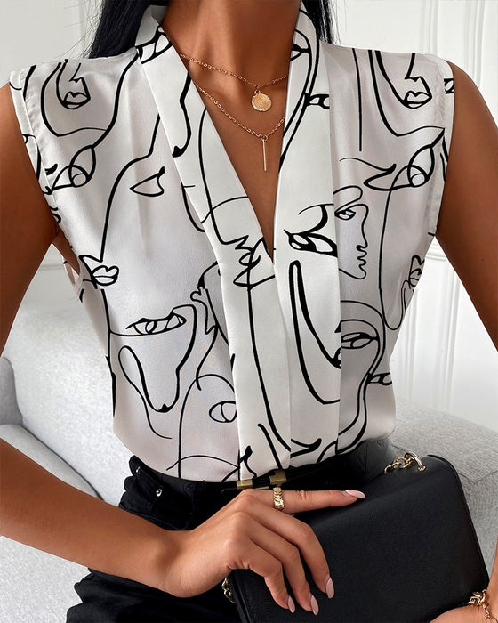 Women Summer Casual Sleeveless V Neck Printed Shirt