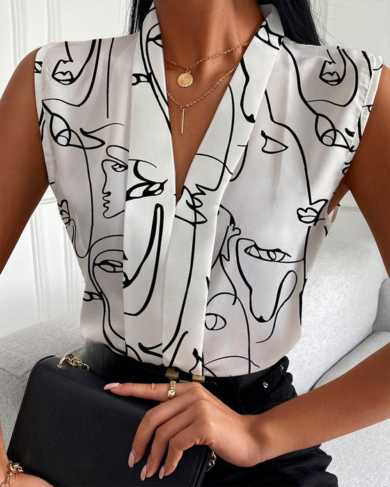 Women Summer Casual Sleeveless V Neck Printed Shirt