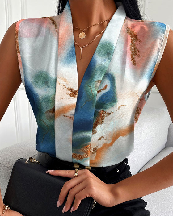 Women Summer Casual Sleeveless V Neck Printed Shirt