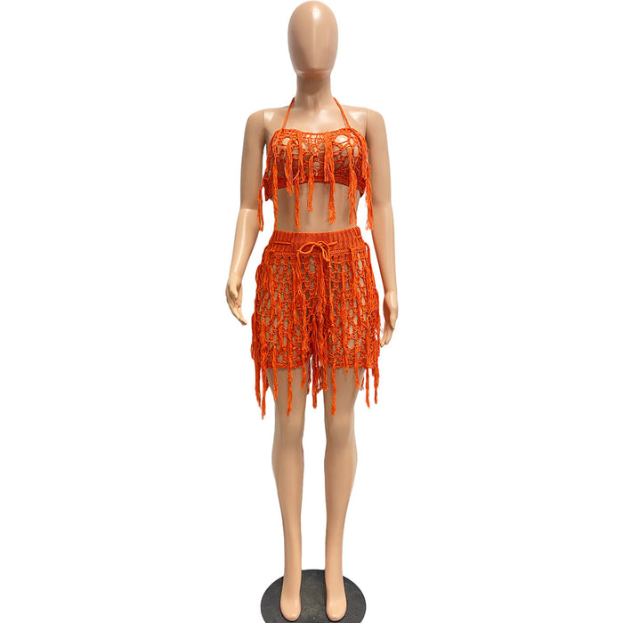 Women Sexy See through Knitted Hand Crochet Tassel Beach Shorts Suit