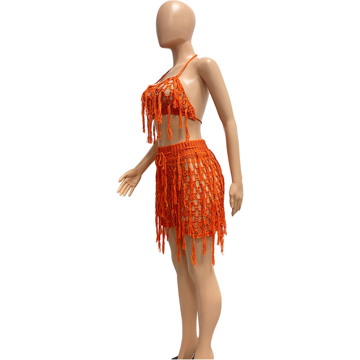 Women Sexy See through Knitted Hand Crochet Tassel Beach Shorts Suit