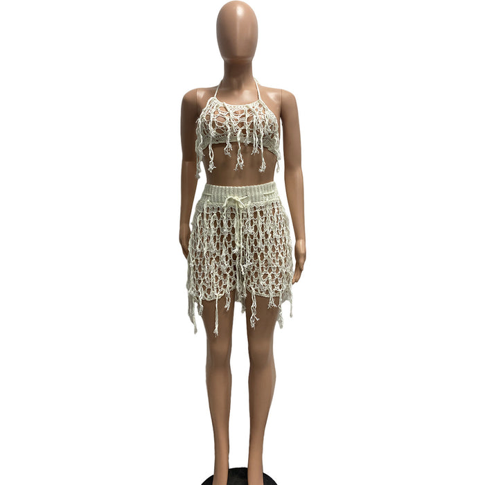 Women Sexy See through Knitted Hand Crochet Tassel Beach Shorts Suit