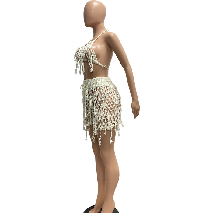 Women Sexy See through Knitted Hand Crochet Tassel Beach Shorts Suit