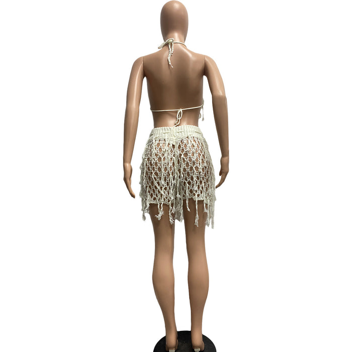 Women Sexy See through Knitted Hand Crochet Tassel Beach Shorts Suit