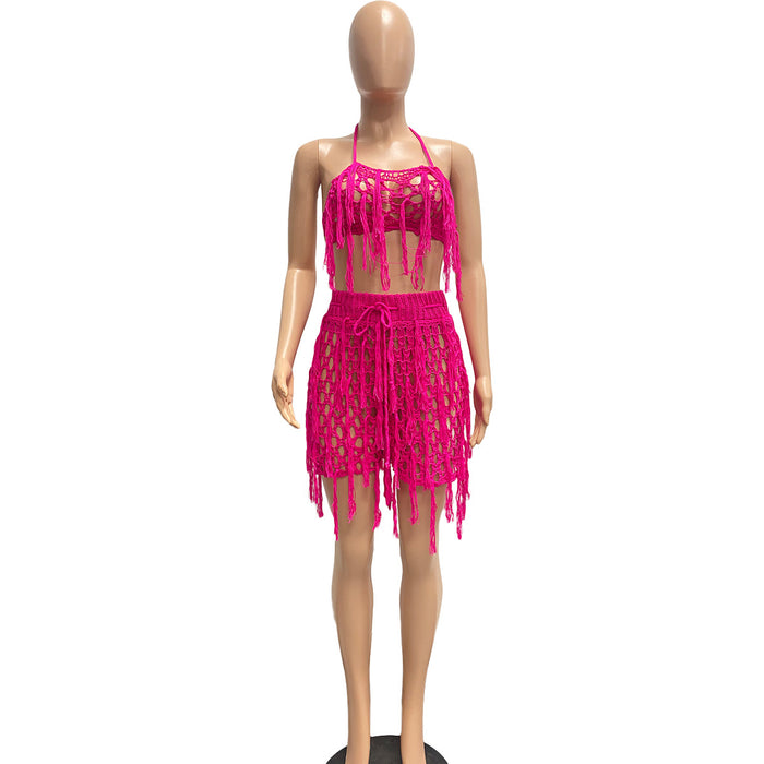 Women Sexy See through Knitted Hand Crochet Tassel Beach Shorts Suit