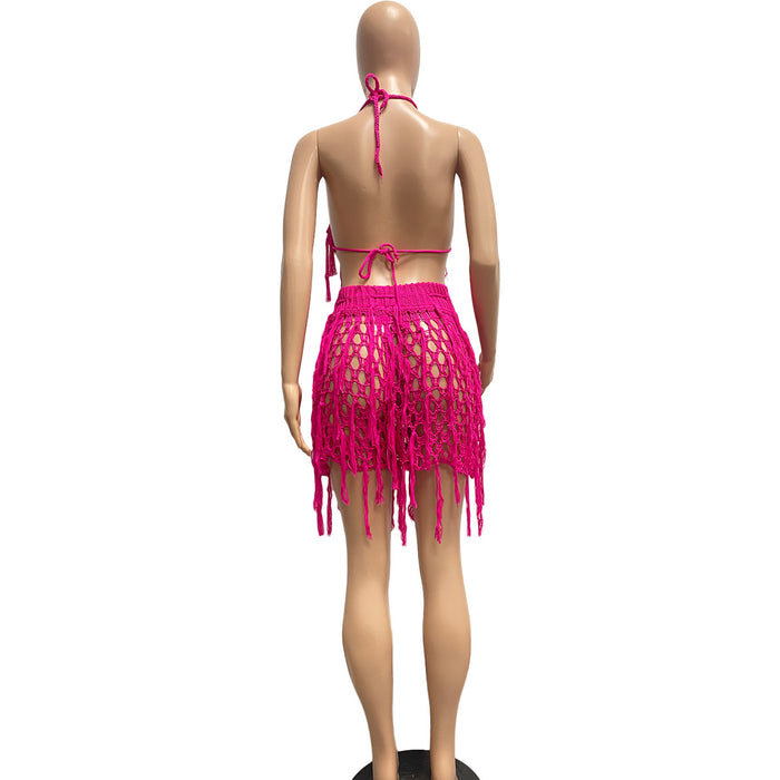 Women Sexy See through Knitted Hand Crochet Tassel Beach Shorts Suit