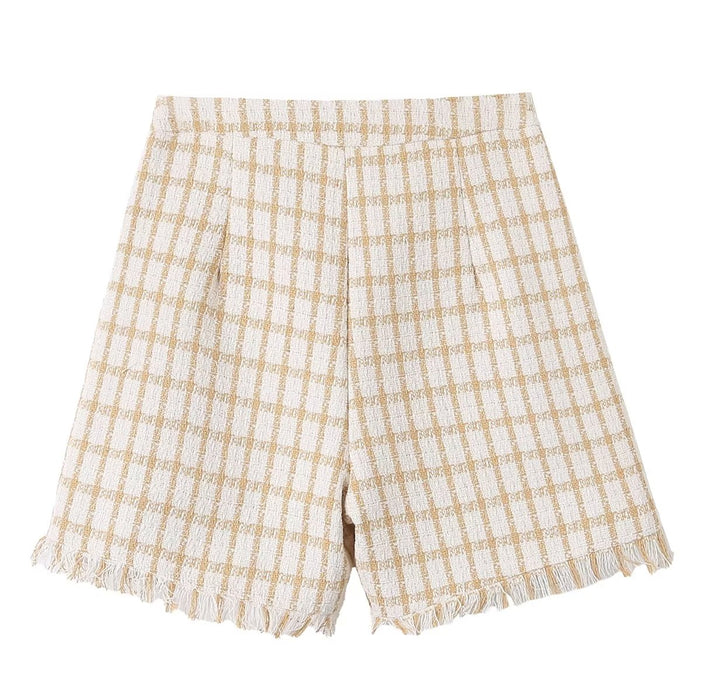 Spring Loose Plaid Straight Leg Pants Sweet Fresh Women Pants Contrast Color Tassel Shorts