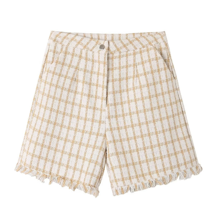 Spring Loose Plaid Straight Leg Pants Sweet Fresh Women Pants Contrast Color Tassel Shorts