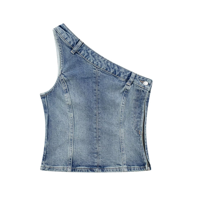 Summer Women Vest Outer Wear Straight Slim Asymmetric Denim Top