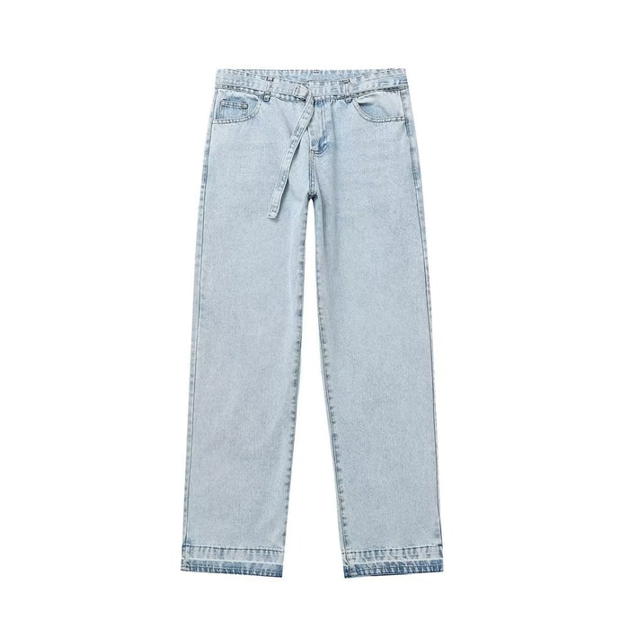 Light Blue Wide Leg Jeans for Women Spring Ripped Contrast Color Non Elastic High Waist Loose Slimming Narrow Pants